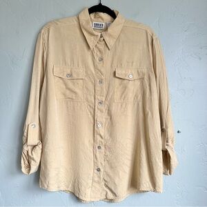 Vintage Chico's Design 100%‎ Silk Yellow Tropical Leaf Button-Down Shirt Size L